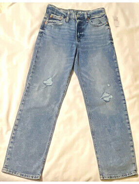 GAP Womens/Teen Loose Fit Light Wash Distressed Straight Denim Jeans 90s Blue